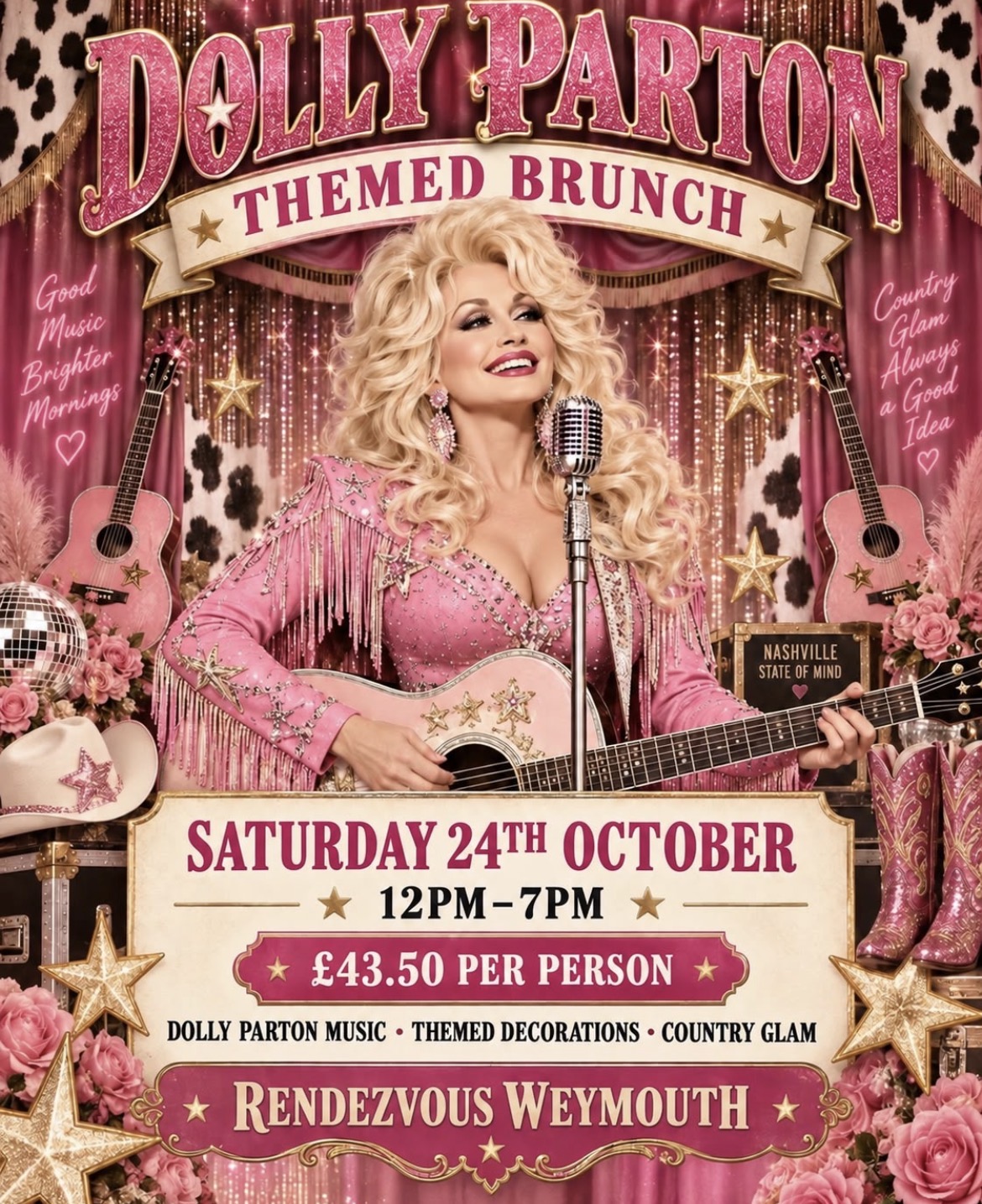 Dolly Parton Themed Brunch poster — Saturday 24th October, 12pm to 7pm at Rendezvous Weymouth, £43.50 per person