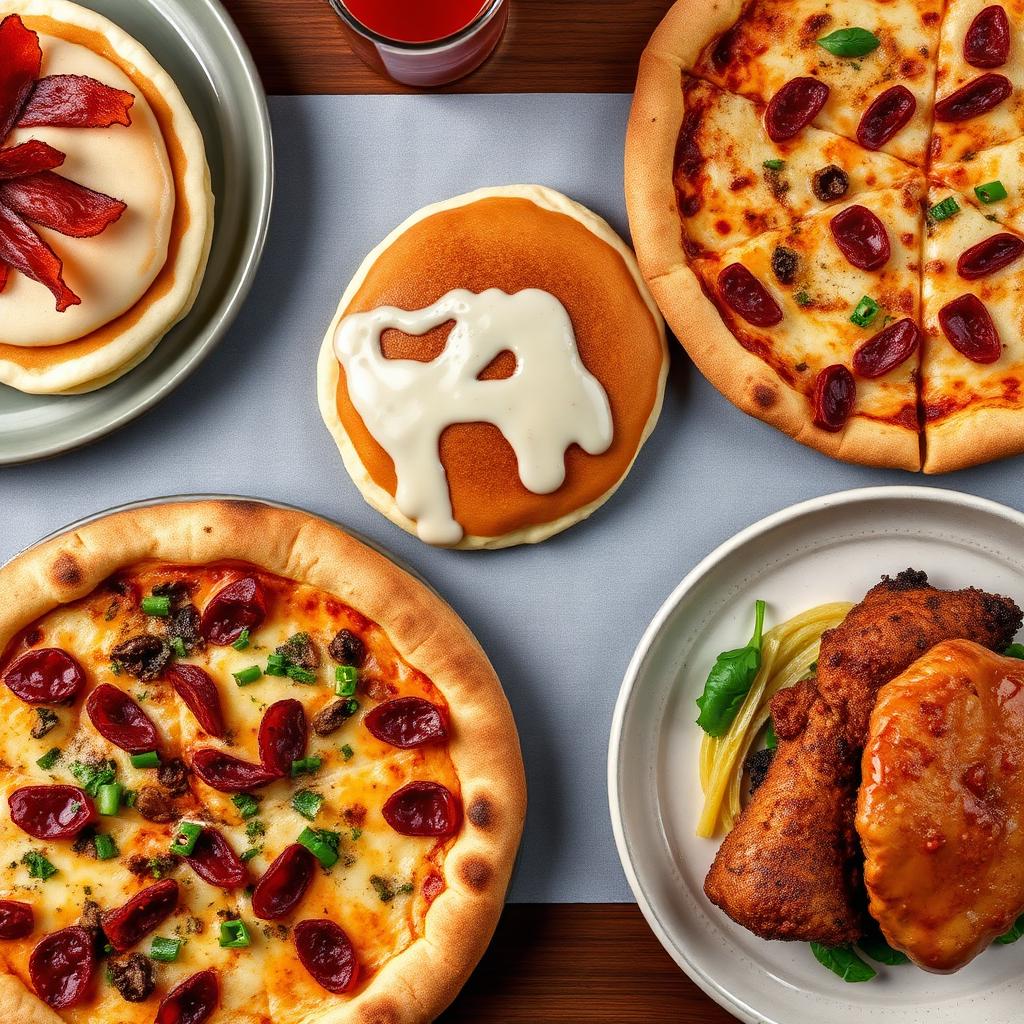 Brunch dishes including pancakes, pizza and a chicken burger