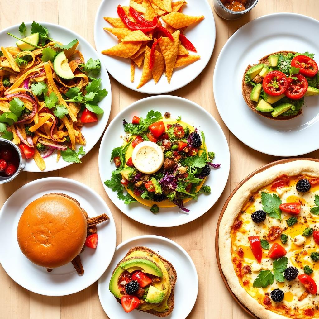 Colourful vegan and plant-based brunch dishes