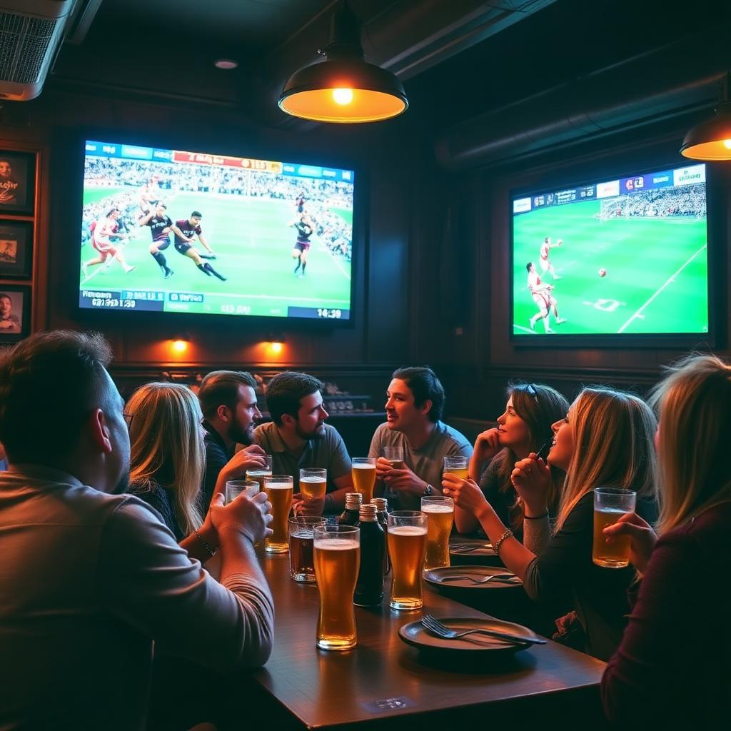 Friends enjoying brunch and watching live sport on big screens