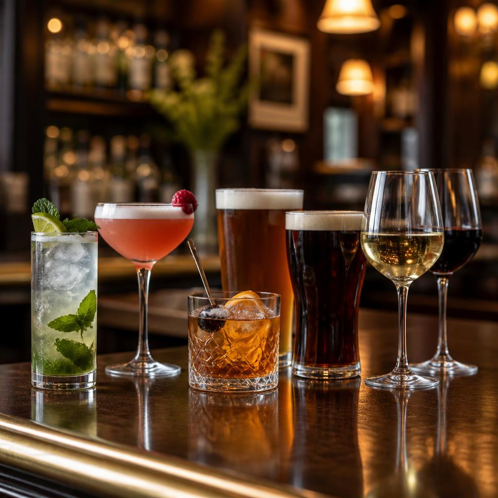 Cocktails, pints and wine on a bar