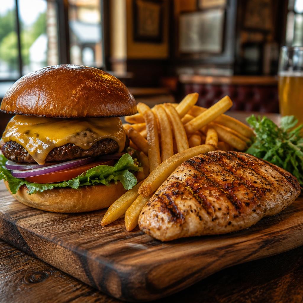 Gourmet burger and pub food spread