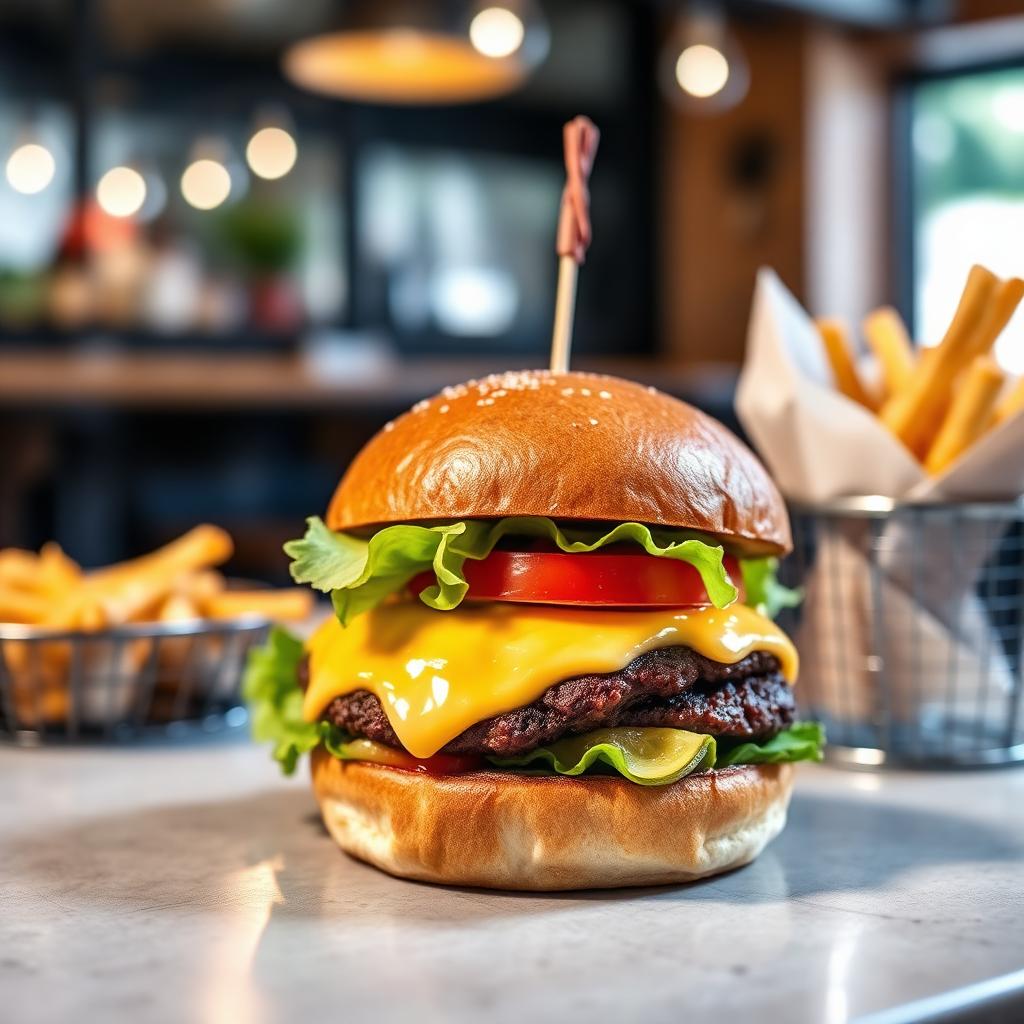 Gourmet lunch burger with fries