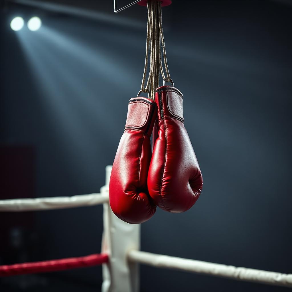Red boxing gloves hanging in a boxing ring