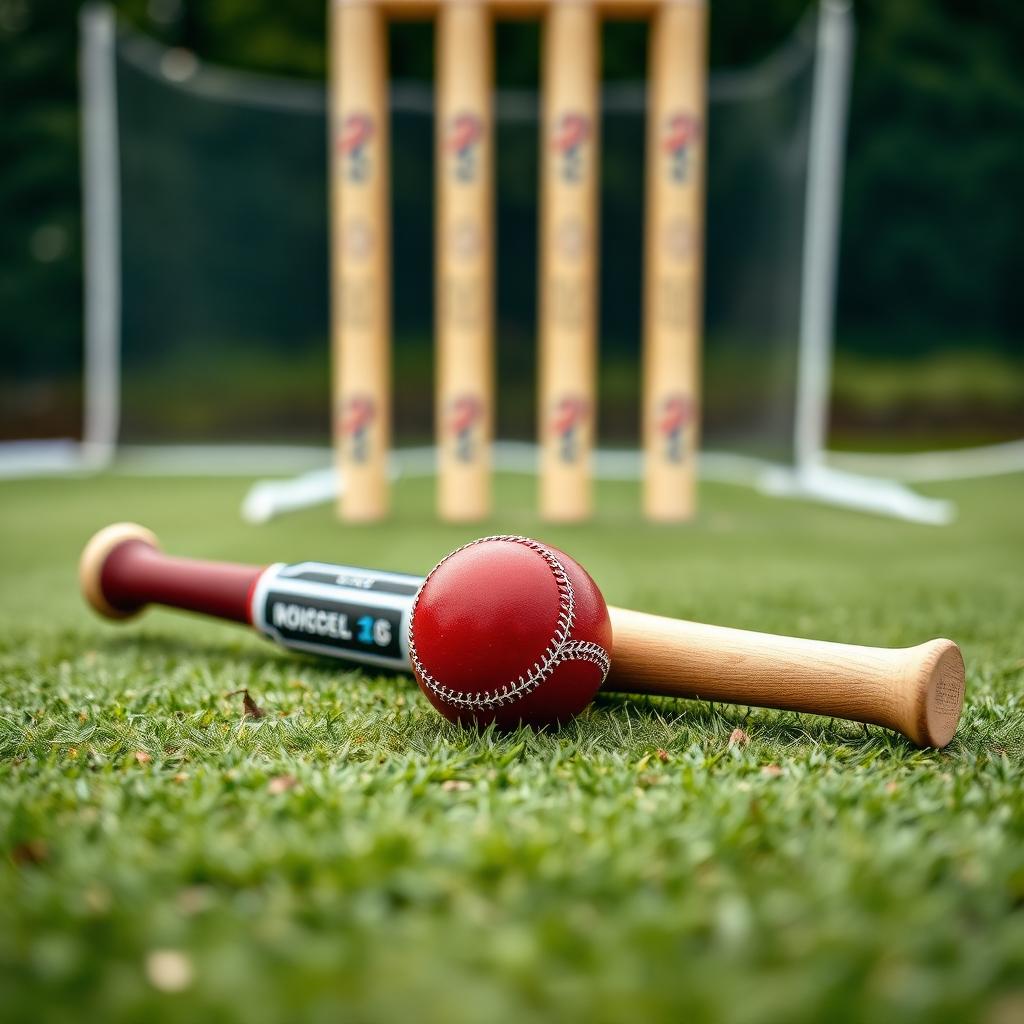 Cricket bat and ball on a cricket pitch