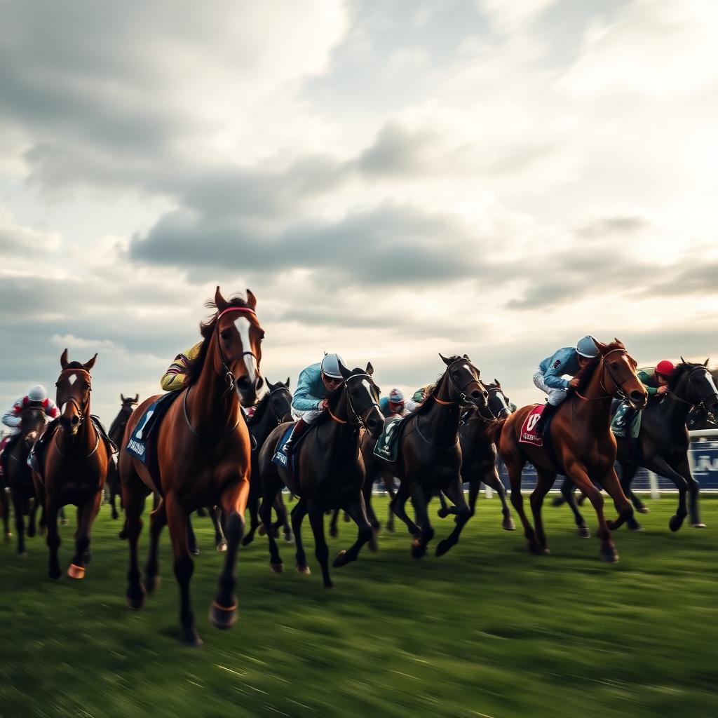Race horses galloping on a turf course