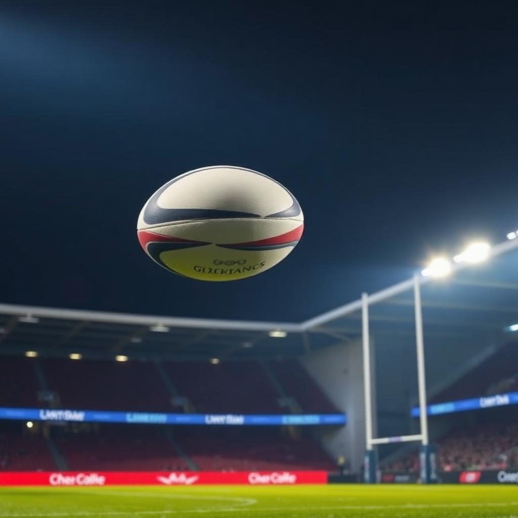 Rugby league ball in mid-air on a floodlit pitch