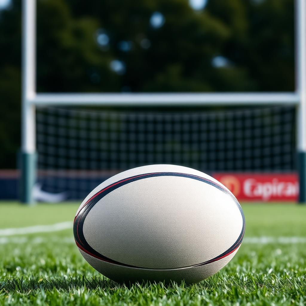 Rugby ball on a grass pitch with goal posts