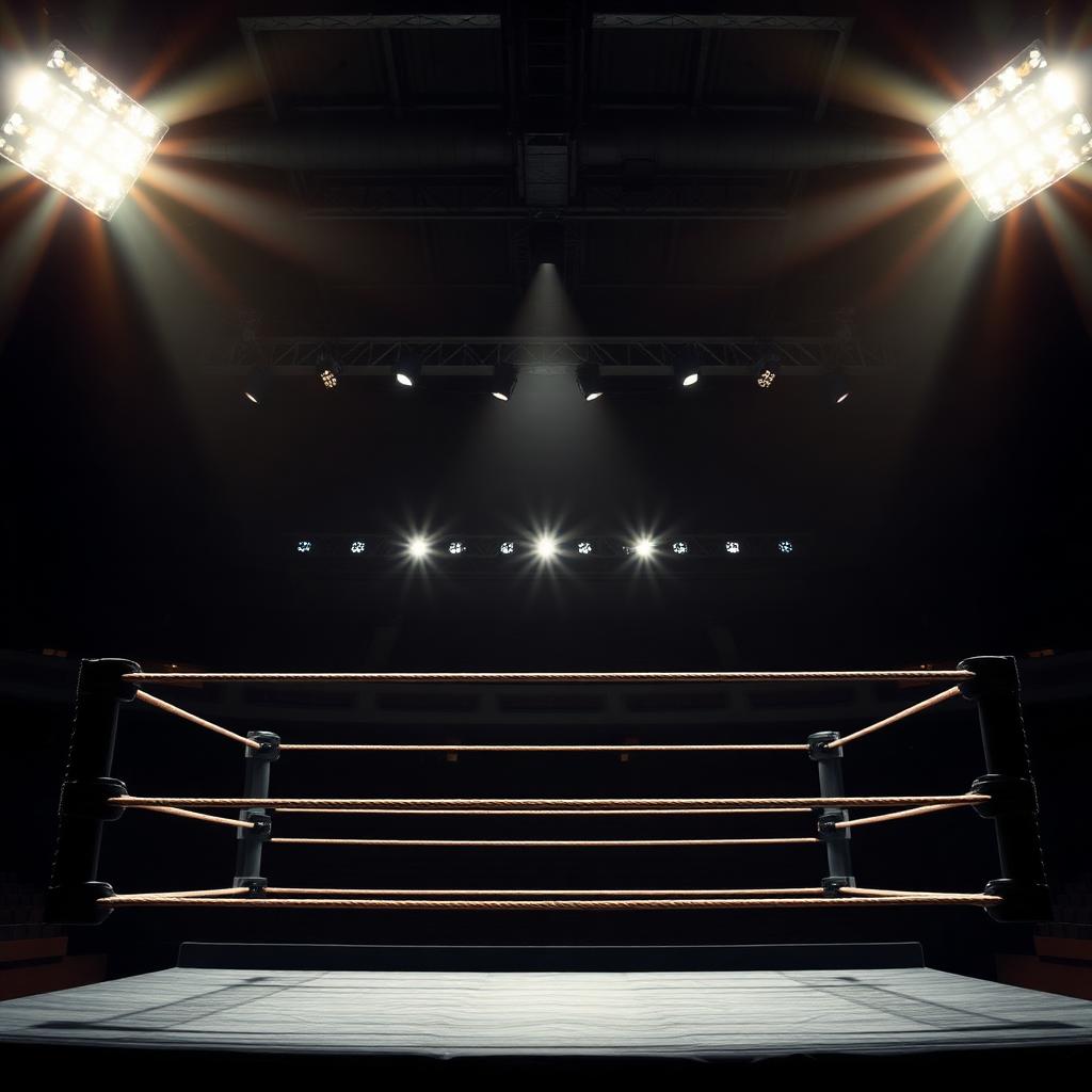 Empty wrestling ring under spotlights